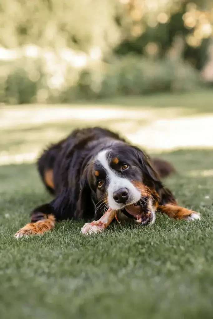 Chien allongé dans l'herbe mastiquant un os cru.