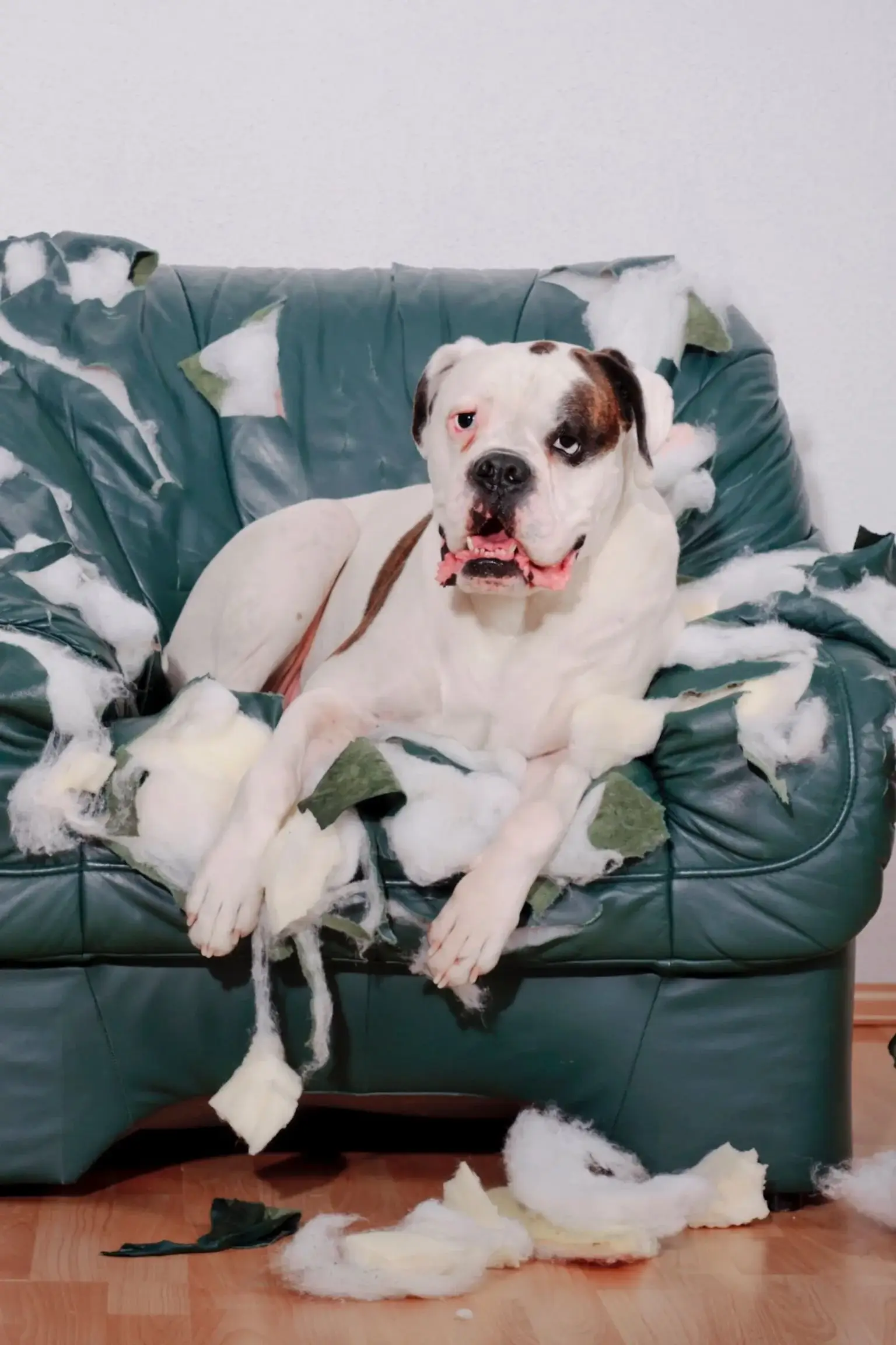 Chien allongé sur un fauteuil déchiré d'où sort de la mousse.