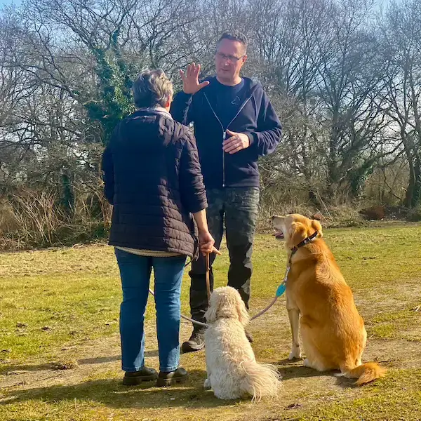 Un éducateur canin donne des conseils à la maîtresse de deux chiens pour qu'ils ne tirent pas en laisse