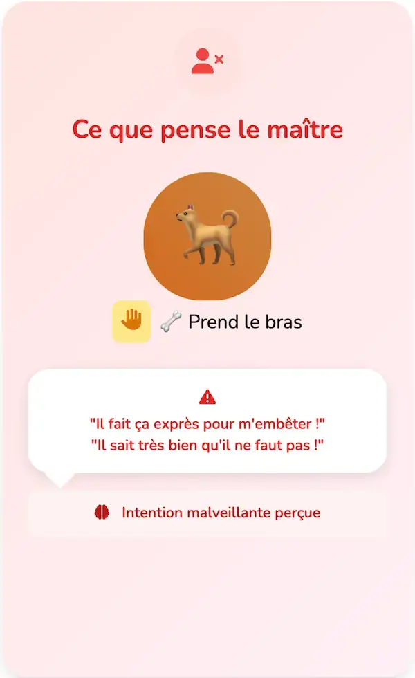 Première partie d'une infographie décryptant la "manipulation" canine, expliquant comment le renforcement involontaire par le propriétaire pousse le chien à répéter un comportement pour obtenir attention ou interaction.