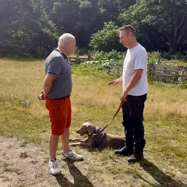 Un homme tient un chien allongé au sol en laisse tout en discutant avec un autre en face de lui.