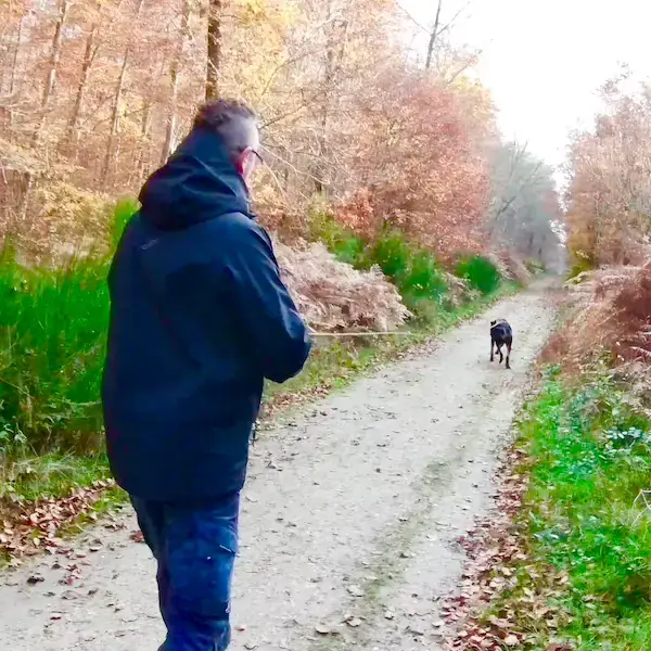 Un homme tient son chien en longe sur un chemin de forêt.