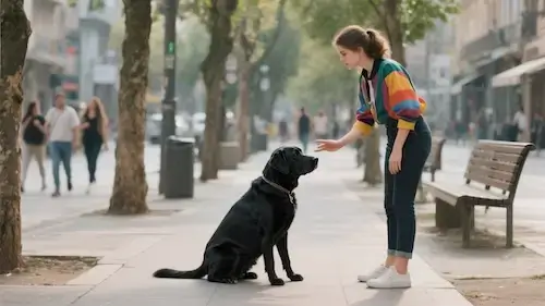 un labrador est assis dans la rue, face à sa maîtresse qui lui demande de ne pas bouger.