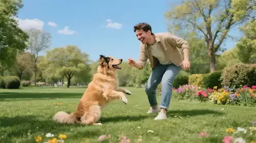 Un homme joue avec son chien dans un parc.