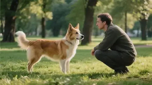 Un maître accroupi face à son chien tente de décrypter son langage corporel.