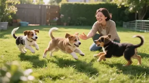 Des chiots jouent dans un jardin sous le regard bienveillant de leur maîtresse
