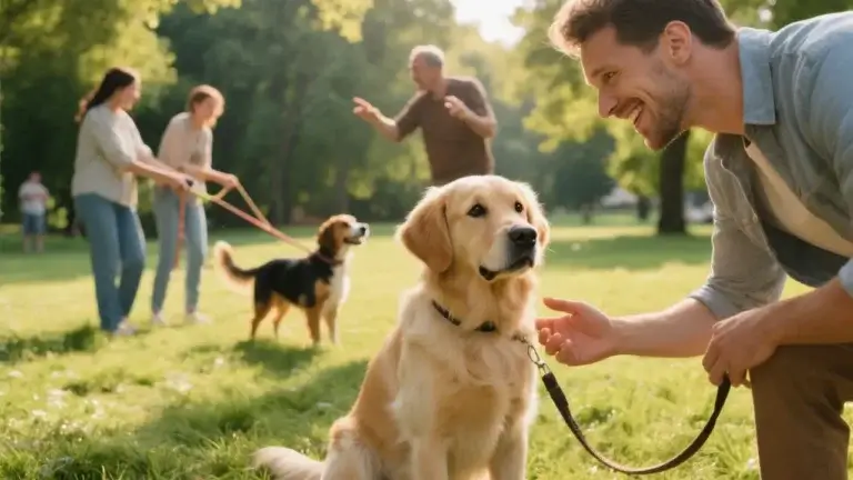 Un maître souriant à son chien pendant une séance d'éducation collective.